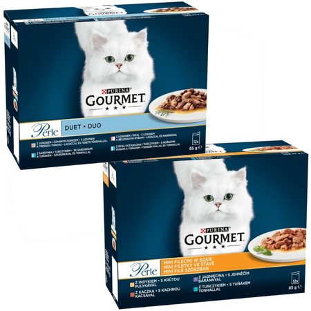 Purina Gourmet Perle Mix Smaków 48x85g Mokra Karma Dla Kota Mini Fileciki w Sosie + Duet Rybny