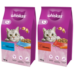 WHISKAS Adult WOŁOWINA 14kg, WHISKAS Adult KURCZAK 14kg - sucha karma dla kotów 28kg