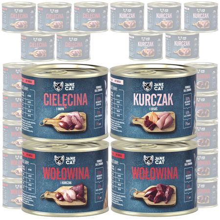 Jane Cat Adult Mix Smaków 24x200g Mokra Karma Dla Kotów Bez Zbóż Wołowina Cielęcina Kurczak Indyk Łosoś