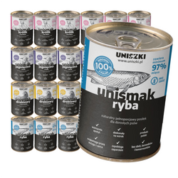Uniszki Unismak Mix Smaków 24x410g Bezzbożowa Mokra Karma dla Psa z Królikiem Jagnięcina Drobiem i Rybą