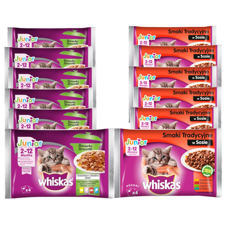 Whiskas Junior Mokra Karma Dla Kota Smaki W Sosie, Potrawka Smaki Rybne I Tradycyjne 48 Saszetki
