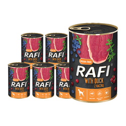 Rafi Mokra Karma dla Psów z Kaczką, Żurawiną i Borówką Puszka Zestaw 12 x 400 g