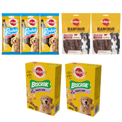 Pedigree Zestaw Przysmaków 3x123g Rodeo 2x500g  Biscrok 2x70g Ranchos Jerkies