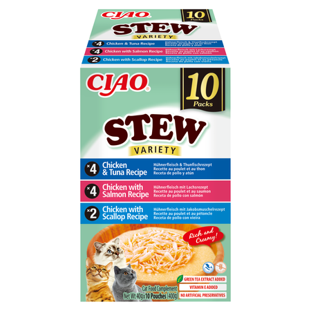 Inaba Cat Ciao Stew 10x40g Uzupełniająca Karma Dla Kota Potrawka z Kurczakiem Tuńczykiem Łososiem i Przegrzebkami