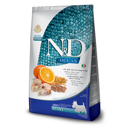 Farmina N&D Ocean Codfish Spelt Oats Orange Adult Mini 2,5kg Sucha Karma Dla Dorosłych Psów Małych Ras Dorsz Owies Pomarańcza