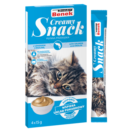 Super Benek Creamy Snack 24x15g Płynna Przekąska Dla Kotów Z Łososiem I Inuliną