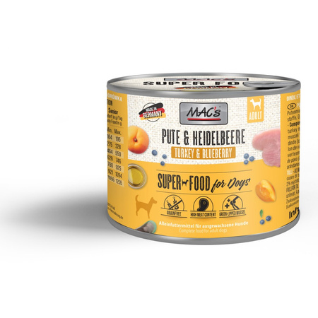 MAC's Dog 12x200g Bezzbożowa Mokra Karma Dla Psa z Indykiem i Borówką Na Stawy Skórę Sierść
