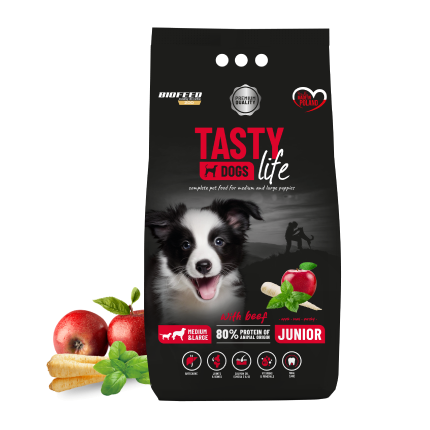 Biofeed Tasty Dogs Life Junior Z Wołowiną 12kg Sucha Karma Dla Szczeniąt Średnich i Dużych Ras