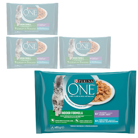 Purina One Indoor Formula Mokra Karma Dla Kota z Cielęciną i Tuńczykiem 16x85g + Sucha Bifensis z Łososiem 800g