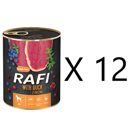 Rafi Mokra Karma dla Psów z Kaczką, Żurawiną i Borówką Puszka Zestaw 12 x 800 g