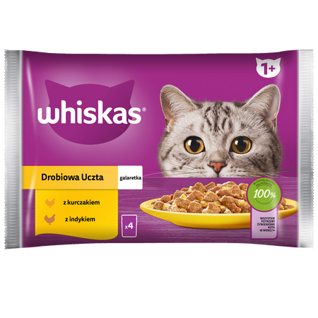 Whiskas Adult 4x340g Drobiowa Uczta Mokra Karma Dla Dorosłego Kota W Galaretce Kawałki Z Kurczakiem I Indykiem