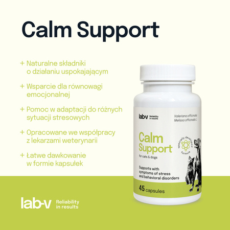 LAB-V Calm Support Suplement Dla Psów i Kotów 45 Kapsułek Wspomaganie Przy Objawach Stresu i Zaburzeniach Behawioralnych