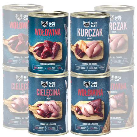 Jane Cat Adult Mix Smaków 8x400g Mokra Karma Dla Kotów Bez Zbóż Wołowina Cielęcina Kurczak Indyk Łosoś