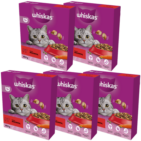 Whiskas Adult 5x800g Sucha Karma Pełnoporcjowa Dla Dorosłych Kotów Z Wołowiną W Kartonie