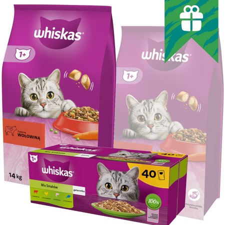 Whiskas Adult 2x14kg Sucha Karma Dla Kotów Z Wołowiną i Warzywami + GRATIS 40x85g Mix Smaków Mokra Karma w Galaretce