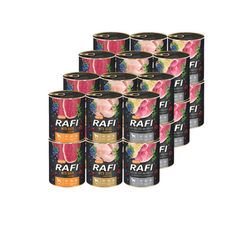 Rafi Mokra Karma dla Dorosłych Psów 3 Smaki Puszka Zestaw 24 x 400 g