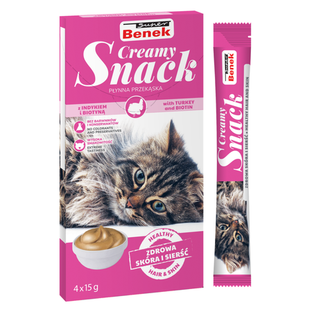 Super Benek Creamy Snack 24x15g Płynna Przekąska Dla Kotów Z Indykiem I Biotyną