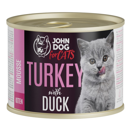 John Dog for Cats Mus Indyk z Kaczką 12x200g Bezzbożowa Mokra Karma Dla Kociąt