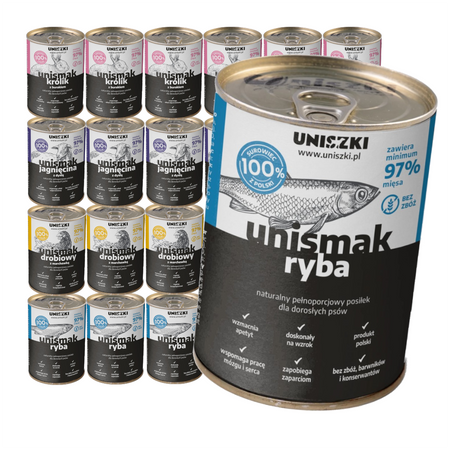 Uniszki Unismak Mix Smaków 24x410g Bezzbożowa Mokra Karma dla Psa z Królikiem Jagnięcina Drobiem i Rybą