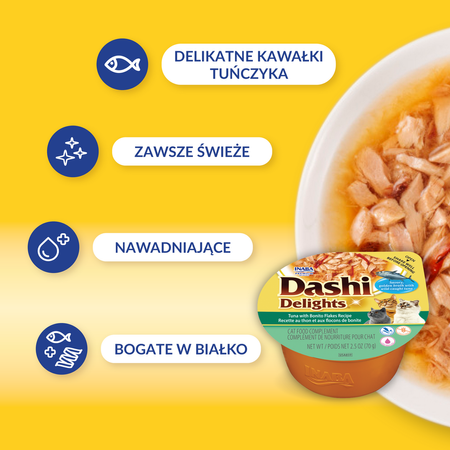 Inaba Cat Dashi Delights 12x70g Uzupełniająca Karma Dla Kota Bulion z Tuńczykiem i Płatkami Bonito