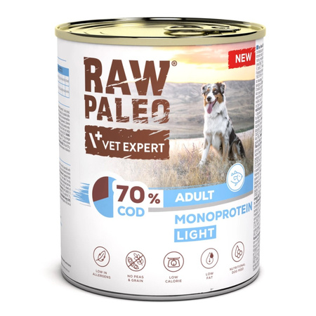 Raw Paleo Adult Monoprotein Light 800g Bezzbożowa Mokra Karma z Dorszem Dla Psów z Tendencją Do Nadwagi
