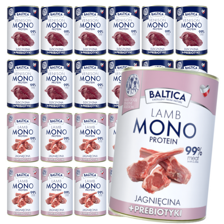 Baltica Monoprotein 24x400g Hipoalergiczna Bezzbożowa Mokra Karma Dla Psa z Prebiotykami Jagnięcina Dziczyzna