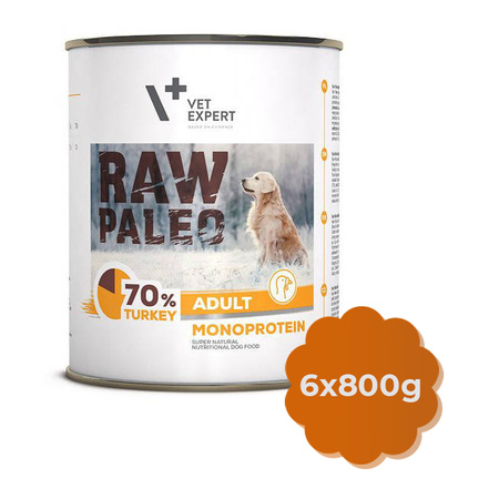 ZESTAW VetExpert RAW PALEO ADULT TURKEY 6x800g z Indykiem - Karma Mokra Dla Psów, Bez Zbóż