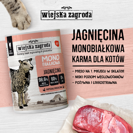 Wiejska Zagroda Monobiałkowa Karma Mokra Dla Kota Jagnięcina 98,6% Mięsa 400g
