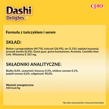 Inaba Cat Dashi Delights 12x70g Uzupełniająca Karma Dla Kota Bulion z Tuńczykiem i Serem