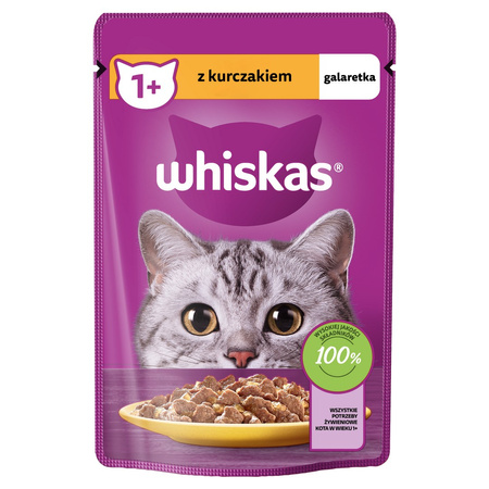 Whiskas Adult 28x85g Mokra Karma Pełnoporcjowa Dla Dorosłych Kotów Kawałki Z Kurczakiem W Galaretce