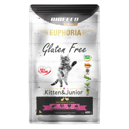 Biofeed Euphoria Gluten Free Kitten & Junior 400g Sucha Karma Dla Kociąt z Indykiem i Królikiem