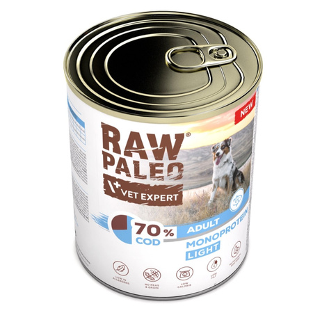 Raw Paleo Adult Monoprotein Light 800g Bezzbożowa Mokra Karma z Dorszem Dla Psów z Tendencją Do Nadwagi