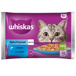 WHISKAS Adult Saszetki 4 x 85g Rybne Przysmaki Mokra Karma Dla Dorosłego Kota w Galaretce Kawałki z Łososiem i z Tuńczykiem