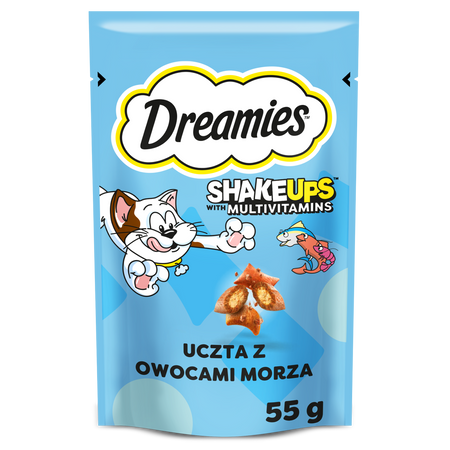 Dreamies Shake Ups Multivitamins 55g Przysmak Dla Kota z Owocami Morza o Smaku Łososia Tuńczyka i Krewetek