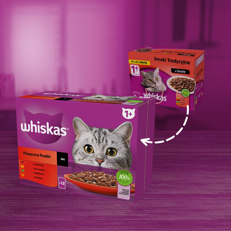 Whiskas Adult 24x85g Klasyczne Posiłki Mokra Karma Pełnoporcjowa Dla Dorosłych Kotów W Sosie