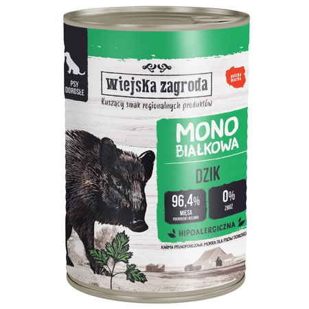Wiejska Zagroda Monobiałkowa Karma Mokra Dla Psów Dorosłych Dziczyzna 96,4% Mięsa 6x400g