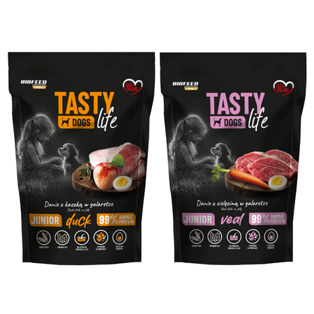 Biofeed Tasty Dogs Life Junior z Cielęciną i Kaczką w Galaretce 2x500g Bezzbożowa Mokra Karma Dla Szczeniąt