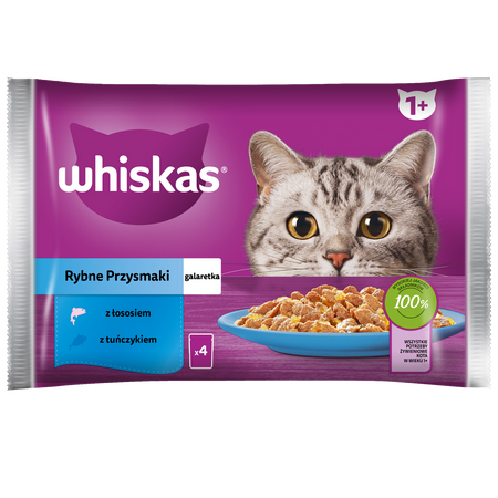 Whiskas Adult 4x340g Rybne Przysmaki Mokra Karma Dla Dorosłego Kota W Galaretce Kawałki Z Łososiem I Z Tuńczykiem
