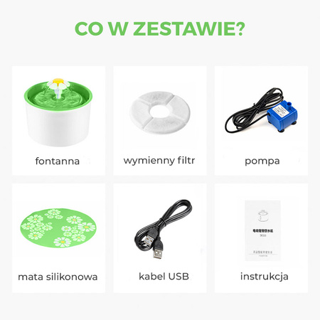 Fontanna dla kota 1.6L Automatyczny dozownik wody poidło z filtrem i USB, Zielony