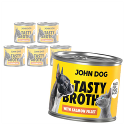 John Dog Tasty Broth 6x140g Mokra Uzupełniająca Karma Dla Dorosłych Psów I Kotów Z Łososiem