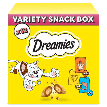 DREAMIES Variety Snack Box – karma uzupełniająca dla kotów (z kurczakiem, z serem i o smaku łososia) - 720g