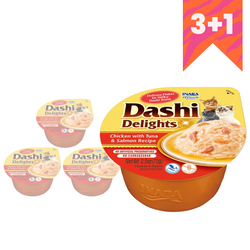 Inaba Cat Dashi Delights 4x70g Uzupełniająca Karma Dla Kota Bulion z Kurczakiem Tuńczykiem i Łososiem 3+1 Gratis