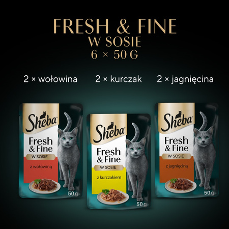 Sheba Fresh&Fine 36x50g  Mokra Karma Dla Kotów W Sosie Z Wołowiną  Kurczakiem Jagnięciną