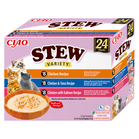 Inaba Cat Ciao Stew 48x40g Uzupełniająca Karma Dla Kota Potrawka z Kurczakiem Tuńczykiem i Łososiem